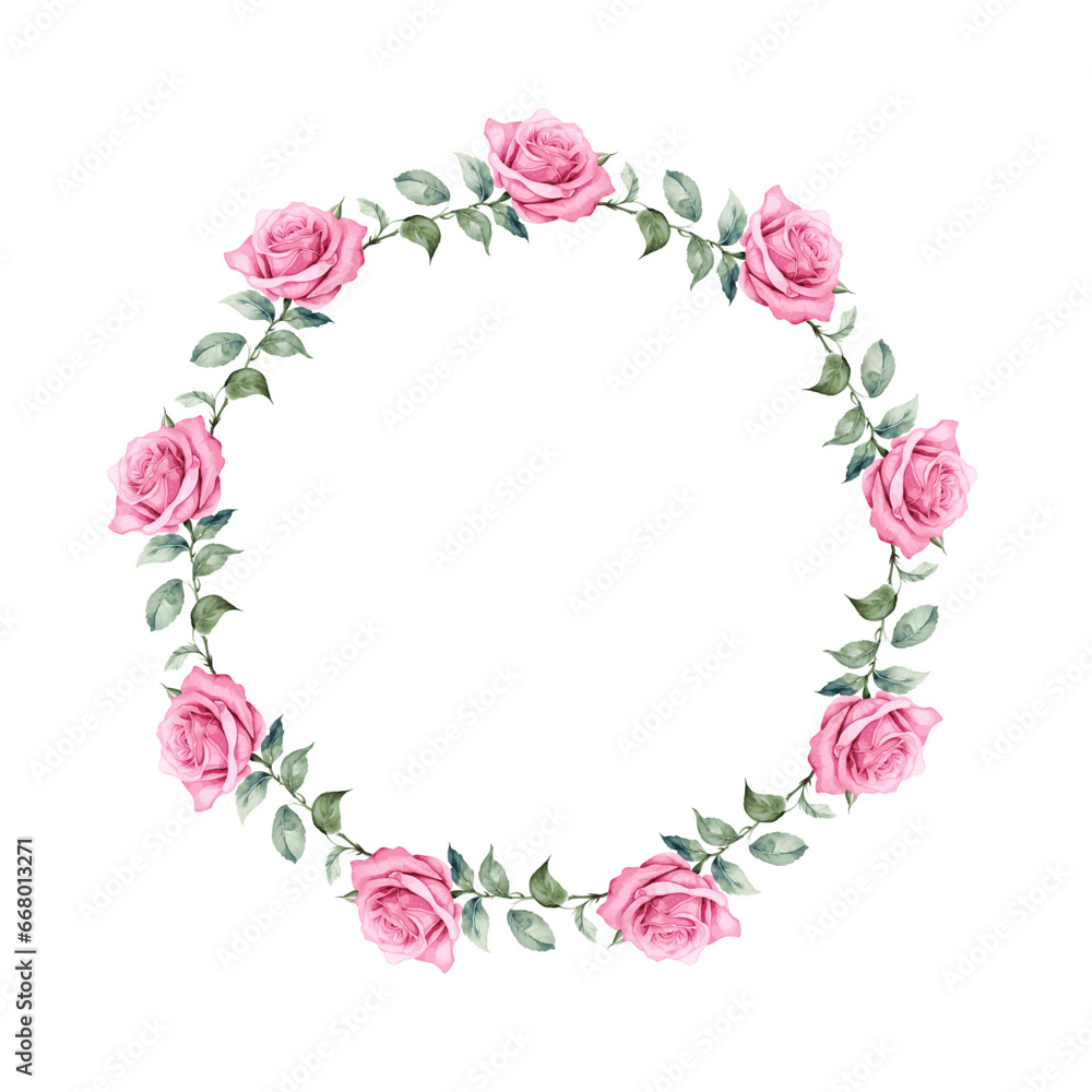 pink rose flowers with leaves watercolor paint round frame