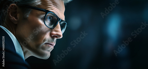 A close-up photograph of a businessman in glasses. Copy space for your text. Image created by Generative AI photo