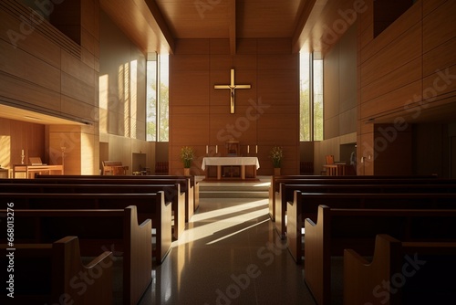 Tela Sunlit modern church with wooden pews, central altar, and cross on wall