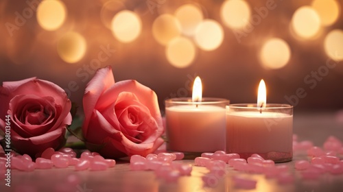 Candles and rose romantic scene on valentines' day with blur couple background created
