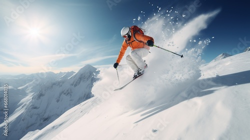 A professional skier in mid - jump, powder snow flying off the skis, bright, crisp day on a mountainside, focused and determined expression © LaxmiOwl