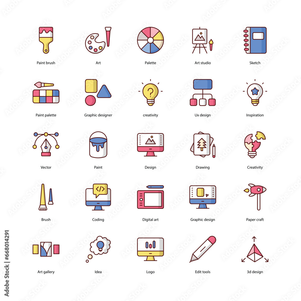 Art and Design icons set isolate white background vector stock illustration.