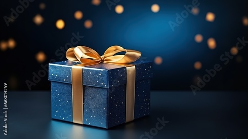 Blue Gift box on a table. Elegant dark blue present box with golden bow on a black background, copy space. Background for greeting card for Birthday