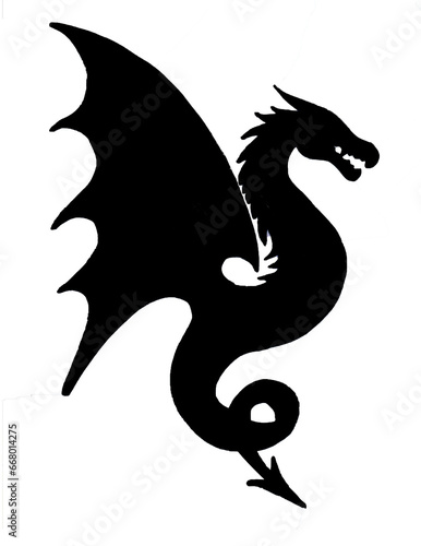 Black silhouette of a dragon in profile. Isolated on white background. The dragon looks to the right. Opened mouth and wings. The tail twists and ends with a small arrow. A simple drawing.