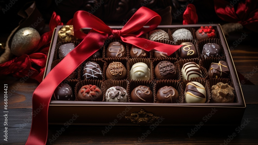 Chocolates and chocolate pralines in a gift box as a luxury holiday present - obrazy, fototapety, plakaty 
