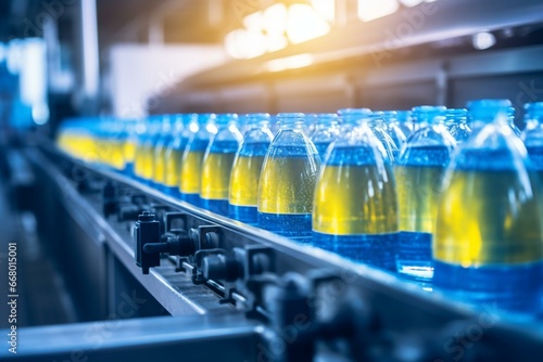Row of bottles on conveyor belt with blue lemonade, close up, food and drink production. Generative AI