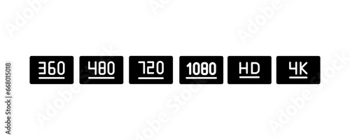 
Screen resolution icon set. Monitor size symbols.360,480,720,1080, Hd, 4K, screen and TV quality. Vector illustration.. isolated on white background.
