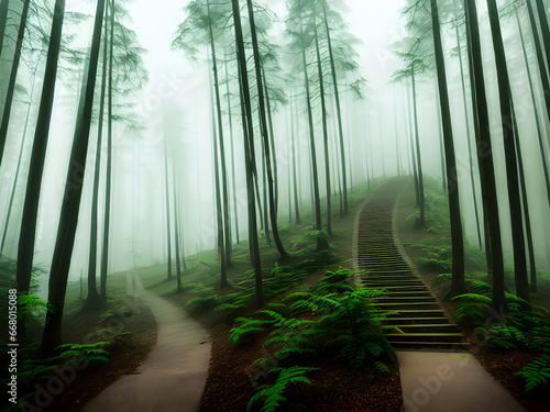 Mysterious stairs in gloomy forest