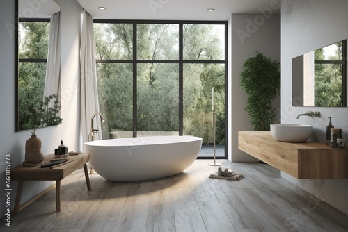 Modern bathroom with bathtub and accessories, large window. Generative AI © Amelia