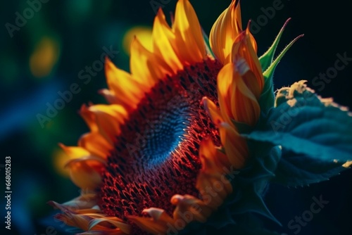 Close-up portrait of a sunflower with a bright, high-quality neon style against a detailed 8K nature background. Generative AI