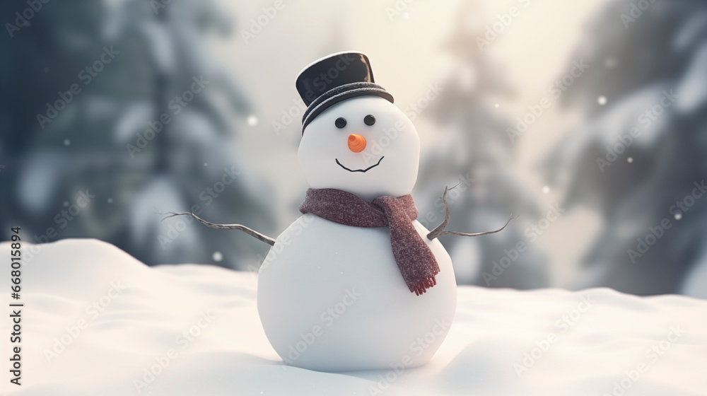 A snowman in a hat and scarf against the backdrop of a blurred forest. Festive smiling snowman. Snowman with carrot nose and buttons, winter day. Winter, snow and childhood concept