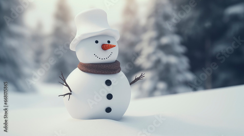 A snowman in a hat and scarf against the backdrop of a blurred forest. Festive smiling snowman. Snowman with carrot nose and buttons, winter day. Winter, snow and childhood concept © Mariia