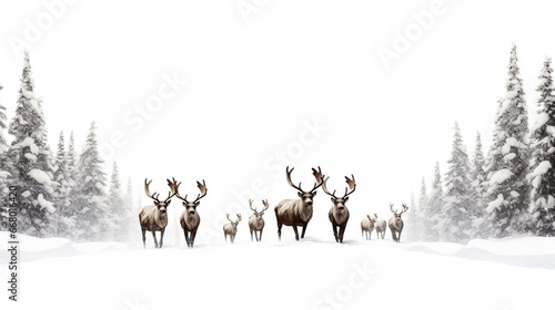 Reindeer portrait with massive antlers stand in snow. AI generated image