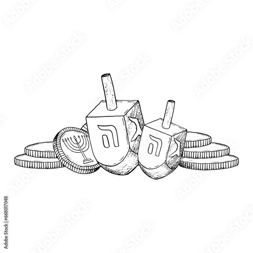 Hanukkah holiday symbols, dreidels and gold coins gelt black and white vector illustration. Hand drawn sevivons with Hebrew letters