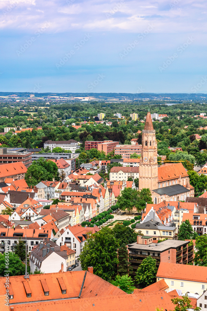 Panoramic view, aerial skyline of Landshut in Bavaria. Saint Martin cathedral, Martinskirch in old town and cathedrals, architecture, roofs of houses, streets landscape, Landshut, Germany. Vertical