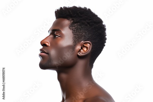 Portrait black man with flawless and glowing skin on white background