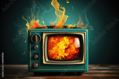 Retro TV burning in old room. illustration concept. High quality photo