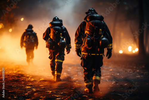 In to the fire, three Firefighters searches for possible survivors. High quality photo