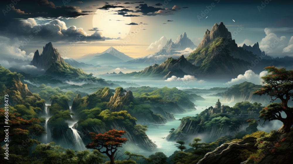 Mystical Moonlit Landscape with Serene Waterfalls and Mountains