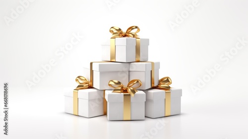 White stacks Gift box decorations with gold ribbon isolated white background. AI generated © prastiwi