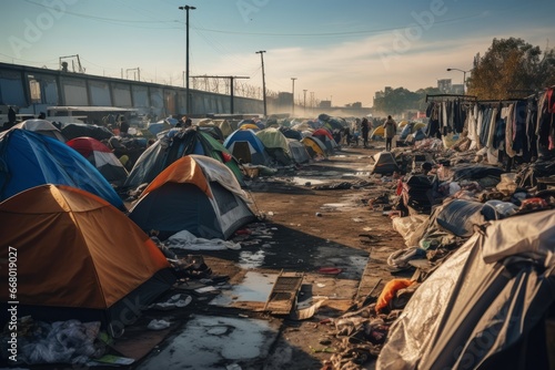 A city with tents and garbage. There are poor homeless people photo