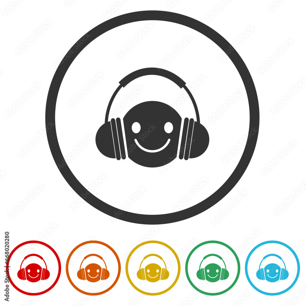 Headphone emoticon icon. Set icons in color circle buttons