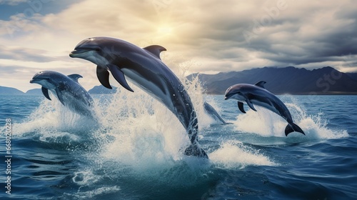 Beautiful dolphins fish jumping out of sea water. AI generated image