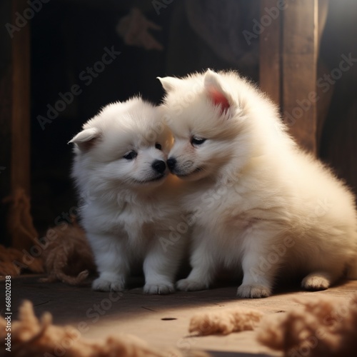 white pomeranian puppy sitting each other generated by AI