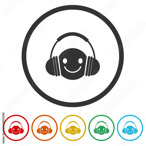 Headphone emoticon icon. Set icons in color circle buttons