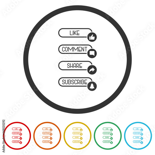 Like, comment, share, and subscribe icon. Set icons in color circle buttons