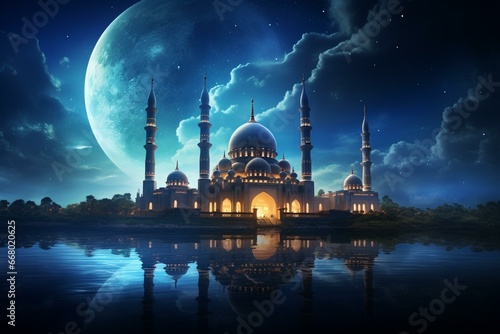 Photo serene mosque in moonlit night. Generative AI