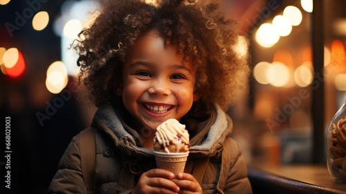 Happy Child with Ice Cream on City Evening