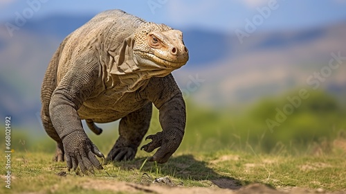 Big Komodo dragon walking on the ground. AI generated image