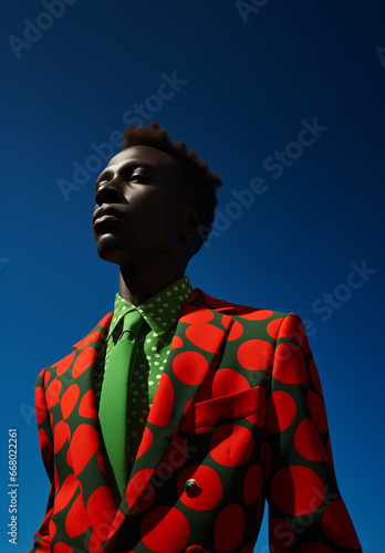 African American man model dressed in a suit with contrasting colored colors of red and green.