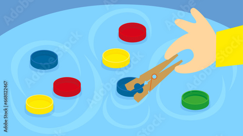 Illustration of a game of catching plastic lids with a clothespin on a blue background.