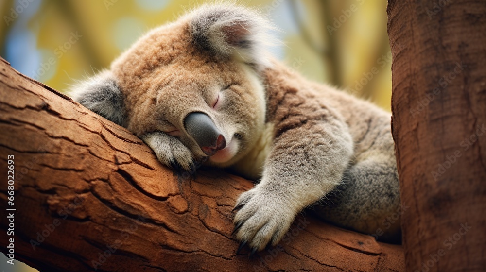 Funny little koala lying down on branch isolated nature background. AI generated - obrazy, fototapety, plakaty 