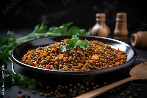 a dish of lentils with seasonings. Generative AI