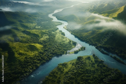 A breathtaking view of nature and rivers from above. Generative AI photo