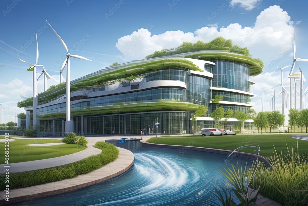 Naklejka premium Modern building with wind turbines and solar panels. 3D rendering.