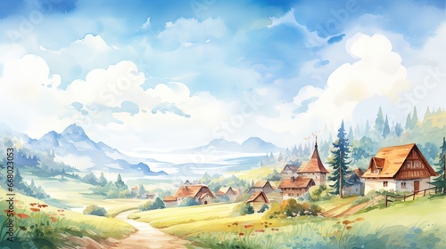 Watercolor Illustration of Warm and Tidy Little Village, Landscape Background 