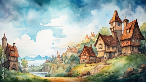 Watercolor Illustration of Warm and Tidy Little Village, Landscape Background 
