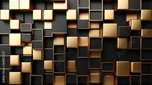 3d rendering of abstract golden cubes background in black and gold colors.