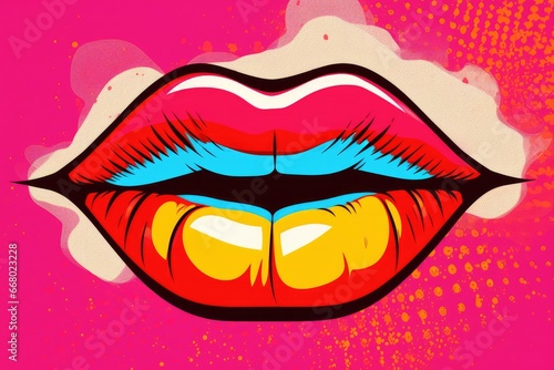 This vibrant illustration showcases sexy female lips on a colorful background in a captivating pop art style. The vivid details of the lips and the vibrant colors will undoubtedly grab Generative AI