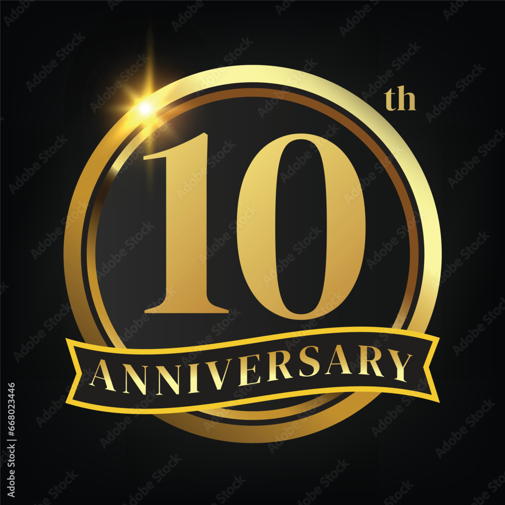 10th golden anniversary logo,with Laurel Wreath and gold ribbon Vector Illustration - obrazy, fototapety, plakaty 