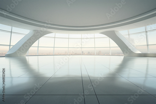 a futuristic white room with a large floor