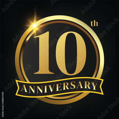 10th golden anniversary logo,with Laurel Wreath and gold ribbon Vector Illustration