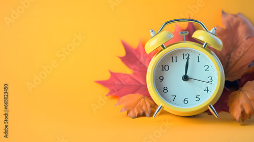 Alarm clock with autumn leaves and pumpkin on orange background with copy space