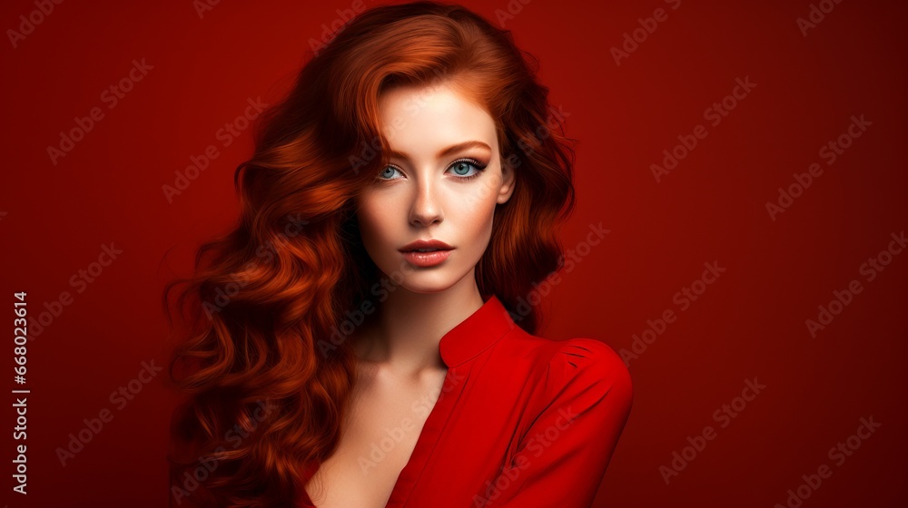 gorgeous elegant redhead girl in front of red background gorgeous elegant redhead girl in front of red background