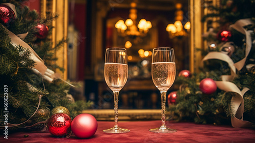 Two glasses of Champagne, and Christmas decorations sparkle in the soft glow of Christmas lights, festive mood, cozy room. AI-generated image photo