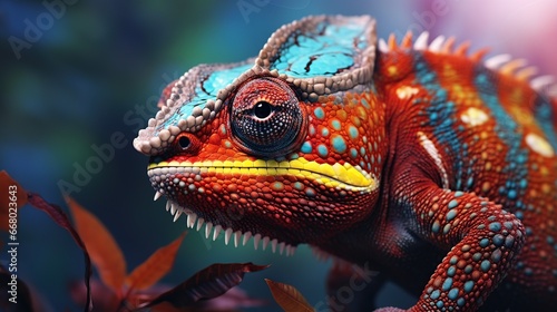 Chameleon head portrait on blur background. AI generated image